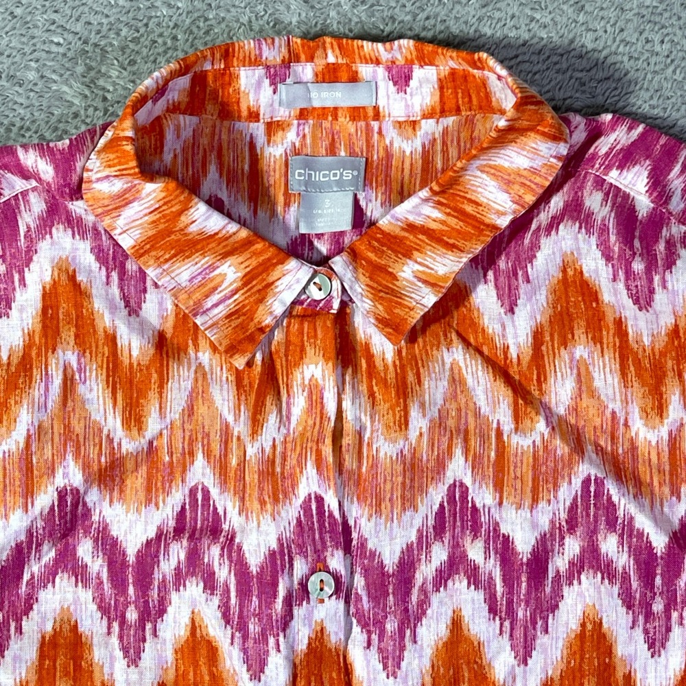 Chico's Women's Size 16 Button Down Linen Top Orange Pink Chevron Print No‎ Iron